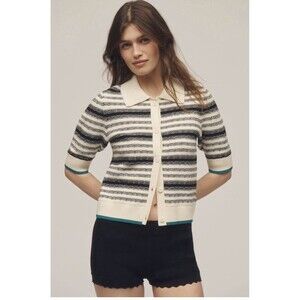 Anthropologie Kinsley Collared Cropped Cardigan Sweater Size XS Ivory &Black NWT